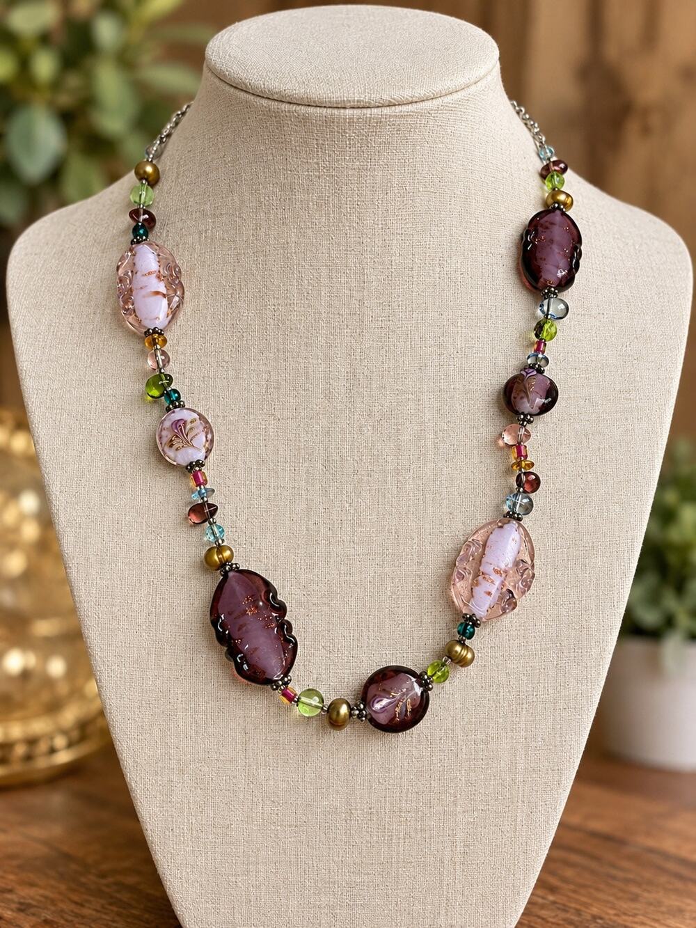 Premier Designs Lampwork Glass Beaded Necklace Pink Purple Multicolor Statement
